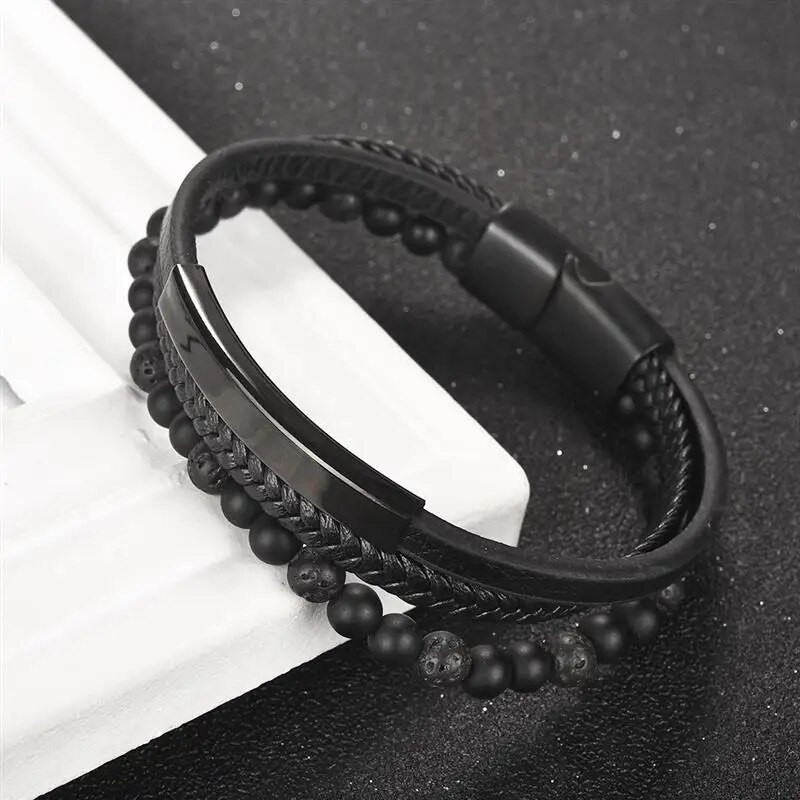 Jaunas dabīgā akmens krelles vīriešu rokassprādzes Daudzslāņu ādas rokassprādzes panku rotaslietas nerūsējošā tērauda magnētiskās aizdares rokassprādzes dāvana