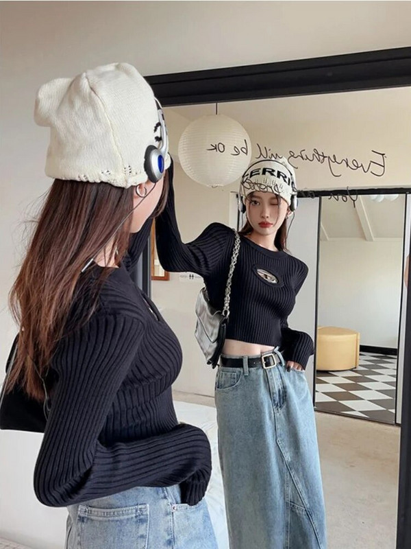 Rudens ziema sieviešu džemperis ar O veida kakla izgriezumu, džemperi ar garām piedurknēm, džemperis, izliekts trikotāža vienkrāsains, slaids, apgriezts topus, kiber ielu apģērbu