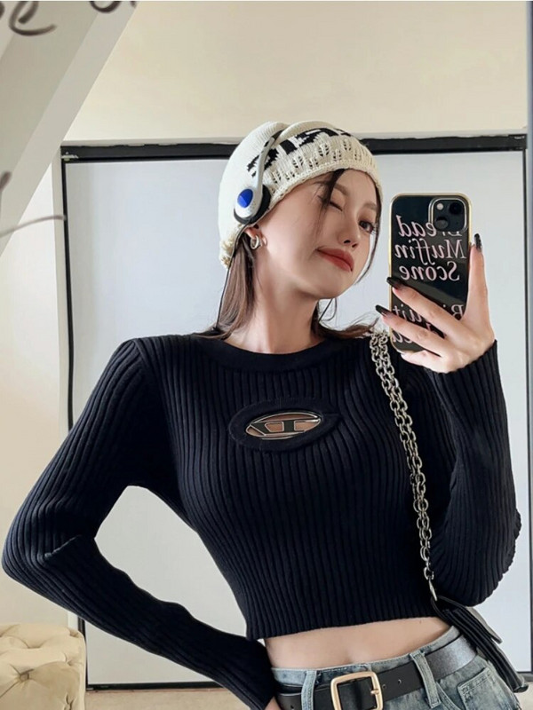 Rudens ziema sieviešu džemperis ar O veida kakla izgriezumu, džemperi ar garām piedurknēm, džemperis, izliekts trikotāža vienkrāsains, slaids, apgriezts topus, kiber ielu apģērbu