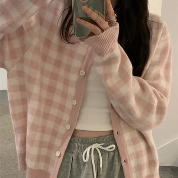 Розова карирана жилетка Дамска сладка преппи стил Универсални връхни дрехи Едноредни студентски корейски уютни прекрасни ежедневни плетива Шик
