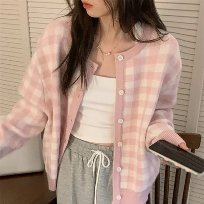Rozā rūtains jaciņš Sievietēm, jauks, ērts stils, vispiemērotākais apģērbs ar vienrindām studentiem korejiešu, mājīgs, jauki, ikdienišķs trikotāža šiks