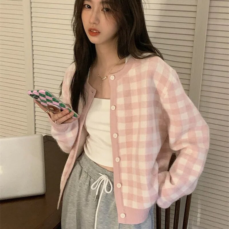 Rozā rūtains jaciņš Sievietēm, jauks, ērts stils, vispiemērotākais apģērbs ar vienrindām studentiem korejiešu, mājīgs, jauki, ikdienišķs trikotāža šiks