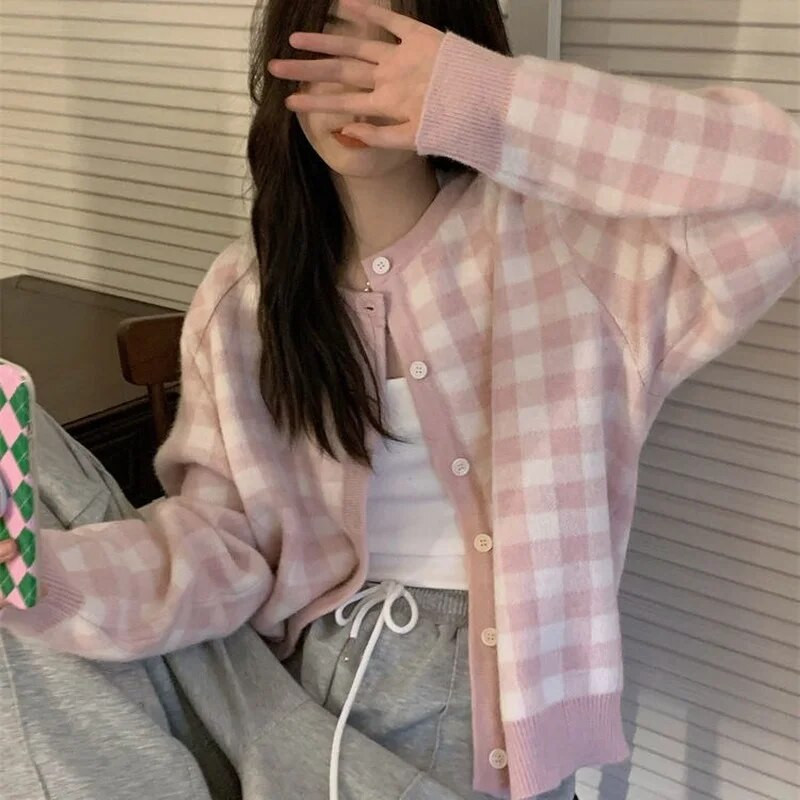 Rozā rūtains jaciņš Sievietēm, jauks, ērts stils, vispiemērotākais apģērbs ar vienrindām studentiem korejiešu, mājīgs, jauki, ikdienišķs trikotāža šiks