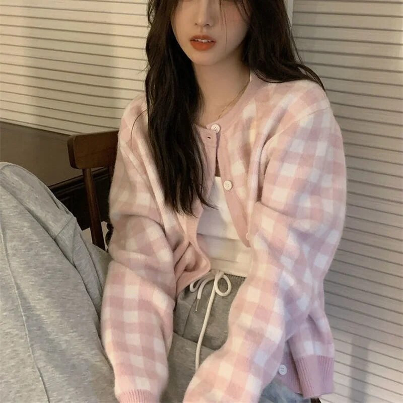 Rozā rūtains jaciņš Sievietēm, jauks, ērts stils, vispiemērotākais apģērbs ar vienrindām studentiem korejiešu, mājīgs, jauki, ikdienišķs trikotāža šiks
