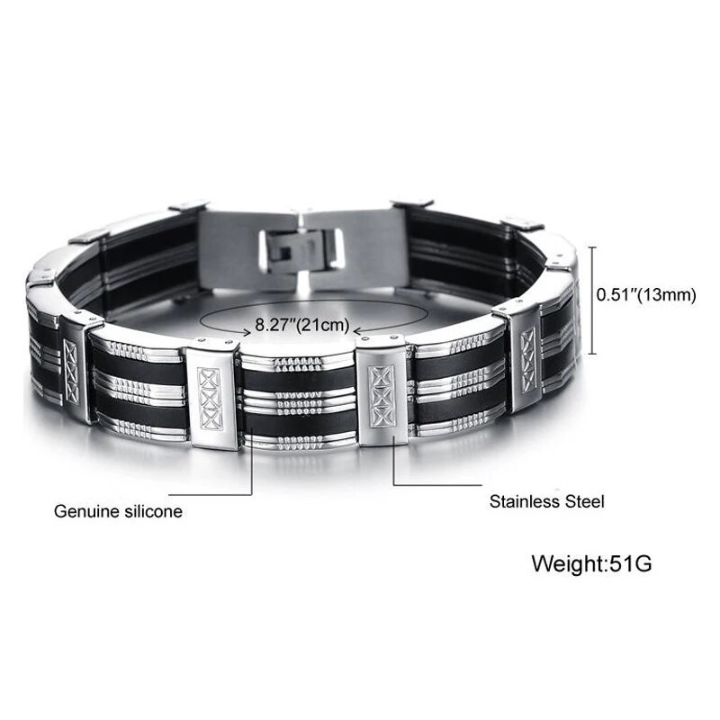 Juvelierizstrādājumi Aksesuāri Vīriešu rokassprādze, vīriešu rokassprādze 13 MM 9,25 collas nerūsējošā tērauda un melna silikona rokassprādzes vīrietim uz rokas aproce