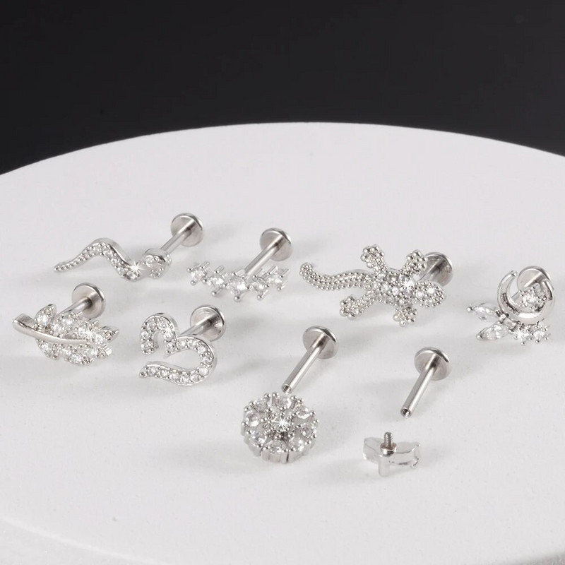 1gab Ķirurģiskā tērauda cirkona auss radze Labret Stud lūpu gredzens skrimslis spirāle daivas gliemene pīrsings mēness auskari ķermeņa pīrsings rotaslietas