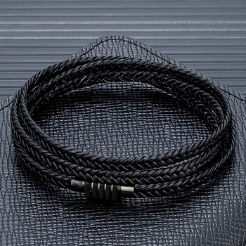 MKENDN Модни плетени въжета, тъкани многослойни гривни от естествена кожа Мъжки пънк черни гривни от неръждаема стомана Ръчно изработени бижута