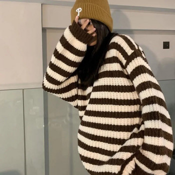 Дамски пуловер на райета Големи зимни пуловери Корейски ретро трикотажни изделия с О-образно деколте Дамски джъмпери Плетено горнище Pull Femme Clothes 2023