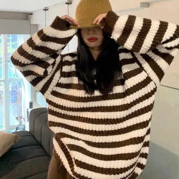Дамски пуловер на райета Големи зимни пуловери Корейски ретро трикотажни изделия с О-образно деколте Дамски джъмпери Плетено горнище Pull Femme Clothes 2023