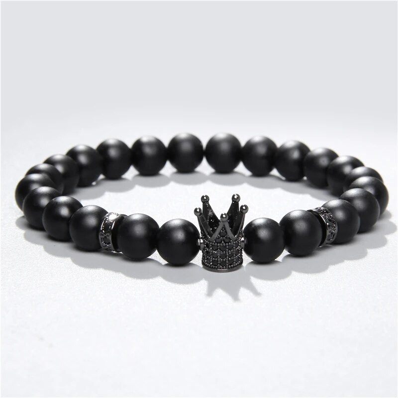 Micro Pave ar melnām pērlītēm CZ cirkonija karaļa kroņa un bāra šarmu rokassprādze vīriešiem akmens pērlīšu rokassprādze Valentīna vīriešiem Juvelierizstrādājumu piegāde