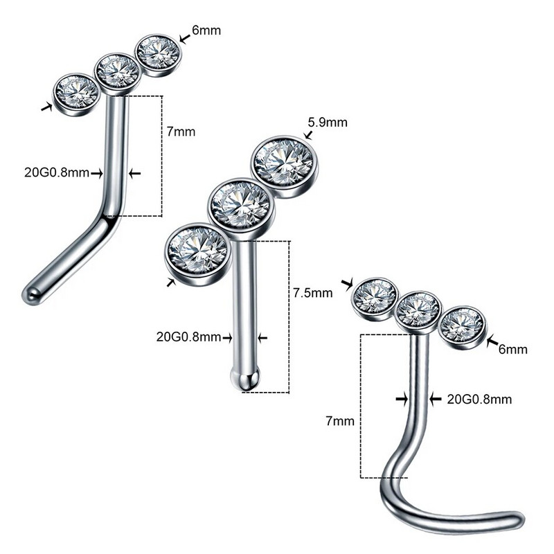 1 gab nerūsējošā tērauda L formas deguna skrūvju tapa 20G CZ taisna deguna gredzena komplekts nāsis stīpa auskars pīrsings Nariz pin ķermeņa rotaslietas