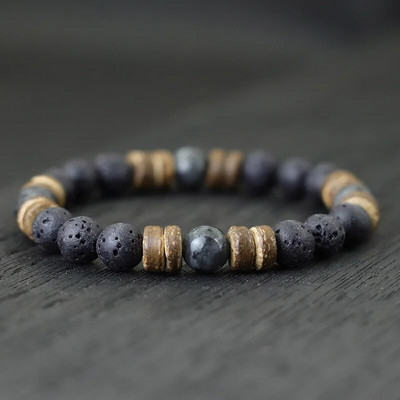 Vintage Φυσικό ξύλινο βραχιόλι για άνδρες 8 χιλιοστών Tiger Eyes βραχιόλι με ηφαιστειακή πέτρα Boyfriend Gift Sanskrit Pulseras Punk Jewelry