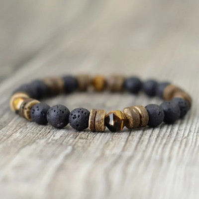 Vintage Φυσικό ξύλινο βραχιόλι για άνδρες 8 χιλιοστών Tiger Eyes βραχιόλι με ηφαιστειακή πέτρα Boyfriend Gift Sanskrit Pulseras Punk Jewelry