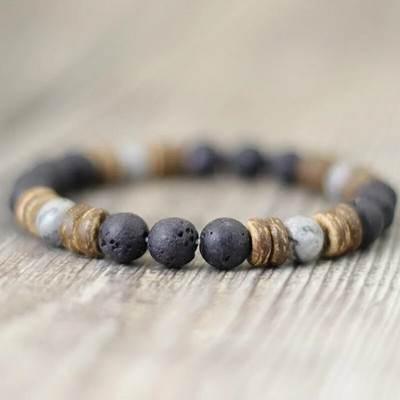 Vintage Φυσικό ξύλινο βραχιόλι για άνδρες 8 χιλιοστών Tiger Eyes βραχιόλι με ηφαιστειακή πέτρα Boyfriend Gift Sanskrit Pulseras Punk Jewelry