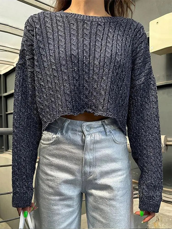 Моден сив едноцветен топъл дебел свободен пуловер Дамски елегантен плетен пуловер с О-образно деколте и дълъг ръкав Топ Есенни женски горнища