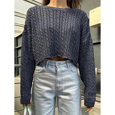 Modes pelēks, vienkrāsains, silts, biezs, brīvs džemperis sievietēm Elegants O veida kakla izgriezums ar garām piedurknēm trikotāžas džemperi rudens sieviešu topi Džemperi