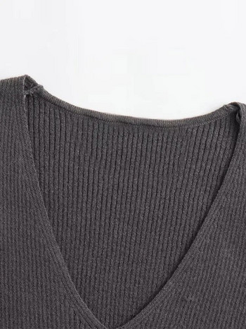 Моден дамски пуловер с V-образно деколте и ресни, секси тънък плътен дамски пуловер с дълъг ръкав 2023 Есенно улично дамско изрязване