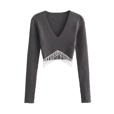 Modes džemperis sievietēm ar V veida kakla izgriezumu ar bārkstīm, seksīgi garām piedurknēm, slaids, ciets sieviešu džemperis, 2023. gada rudens ielu apģērbs.