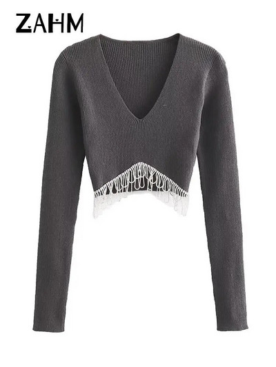 Моден дамски пуловер с V-образно деколте и ресни, секси тънък плътен дамски пуловер с дълъг ръкав 2023 Есенно улично дамско изрязване