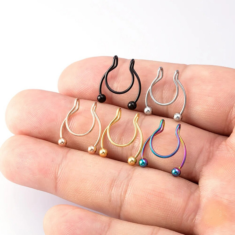 1 gab. Jauns nerūsējošā tērauda viltus deguna gredzena kniedes Stīpa starpsienas gredzeni krāsaini modes ķermeņa pīrsingu rotaslietas