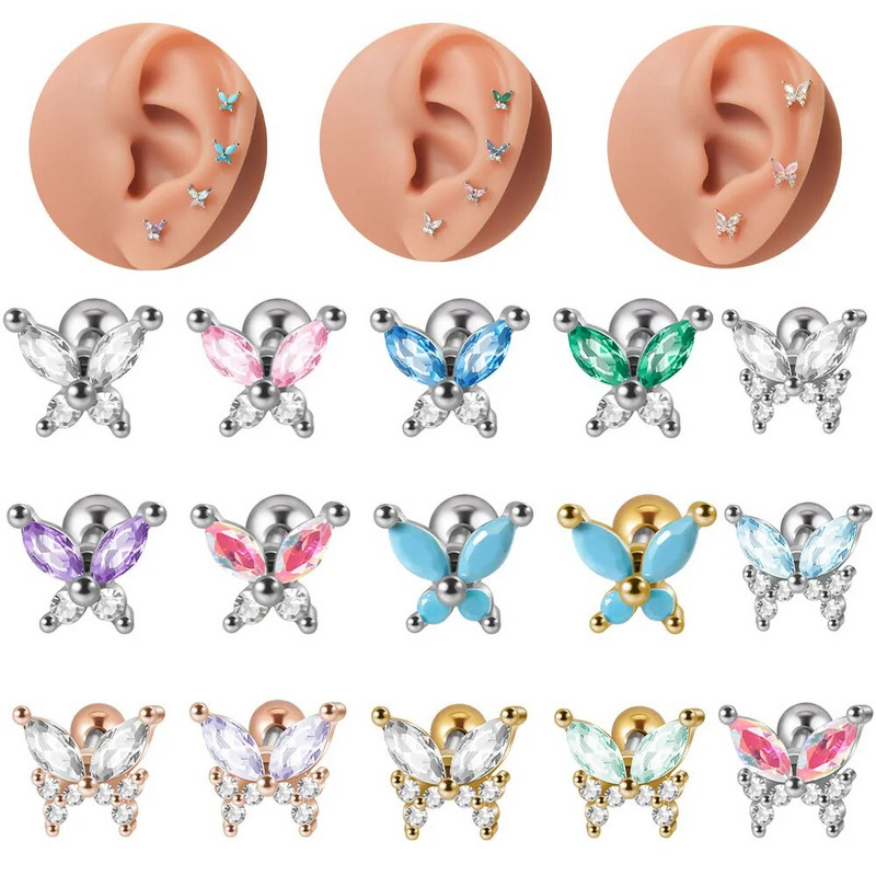 1db rozsdamentes acél kis pillangós Tragus fülbevaló nőknek akril szivárványos csavaros piercing súlyzó piercing ékszer