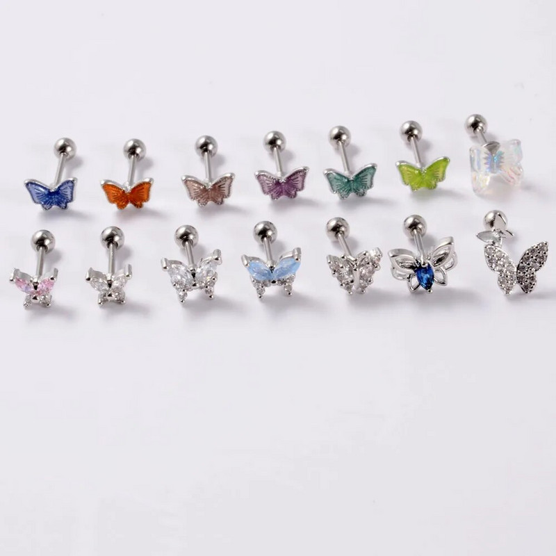 1db rozsdamentes acél kis pillangós Tragus fülbevaló nőknek akril szivárványos csavaros piercing súlyzó piercing ékszer
