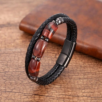 Augstas kvalitātes tīģera acs akmens rokassprādzes vīriešiem ģeometriski dabīgā akmens krelles, ādas virvju rokassprādzes 2020. gada vīriešu rotaslietas aksesuāri
