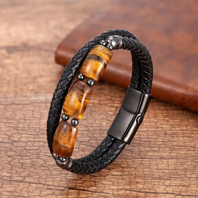 Augstas kvalitātes tīģera acs akmens rokassprādzes vīriešiem ģeometriski dabīgā akmens krelles, ādas virvju rokassprādzes 2020. gada vīriešu rotaslietas aksesuāri