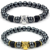 Βραχιόλι με χάντρες από αιματίτη 8mm Vintage Χρυσό Ασημί Χρώμα Panther Crown Lion Charms Βραχιόλια & βραχιόλια για άνδρες Ανδρικά κοσμήματα