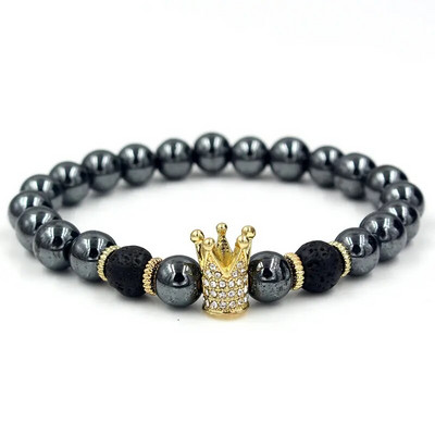 Βραχιόλι με χάντρες από αιματίτη 8mm Vintage Χρυσό Ασημί Χρώμα Panther Crown Lion Charms Βραχιόλια & βραχιόλια για άνδρες Ανδρικά κοσμήματα