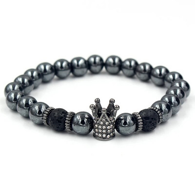 Βραχιόλι με χάντρες από αιματίτη 8mm Vintage Χρυσό Ασημί Χρώμα Panther Crown Lion Charms Βραχιόλια & βραχιόλια για άνδρες Ανδρικά κοσμήματα