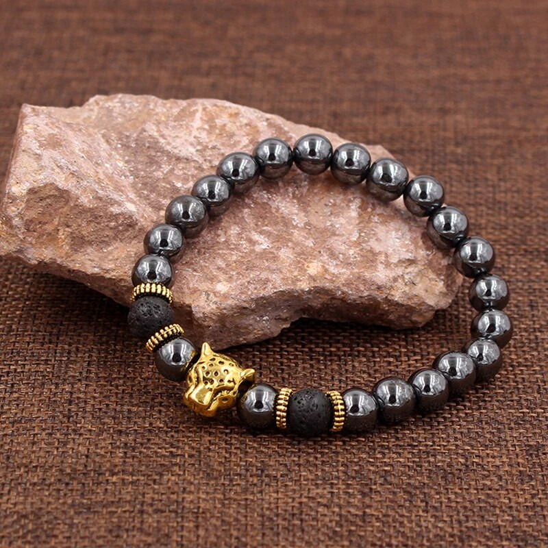 Βραχιόλι με χάντρες από αιματίτη 8mm Vintage Χρυσό Ασημί Χρώμα Panther Crown Lion Charms Βραχιόλια & βραχιόλια για άνδρες Ανδρικά κοσμήματα
