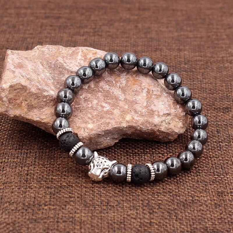 Βραχιόλι με χάντρες από αιματίτη 8mm Vintage Χρυσό Ασημί Χρώμα Panther Crown Lion Charms Βραχιόλια & βραχιόλια για άνδρες Ανδρικά κοσμήματα