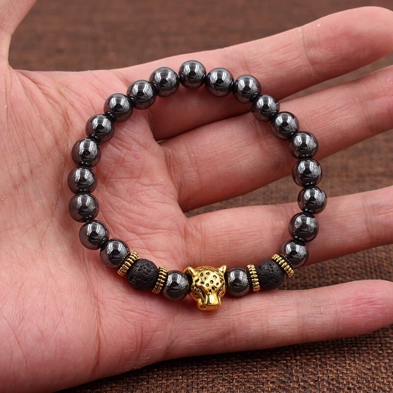 Βραχιόλι με χάντρες από αιματίτη 8mm Vintage Χρυσό Ασημί Χρώμα Panther Crown Lion Charms Βραχιόλια & βραχιόλια για άνδρες Ανδρικά κοσμήματα
