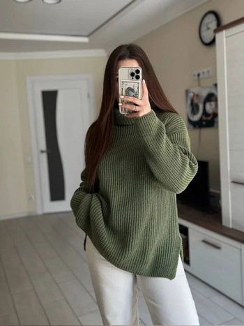 Моден плетен дамски пуловер с висока яка и елегантен свободен дамски пуловер с дълъг ръкав 2023 Есен Зима Ежедневно дамско горнище