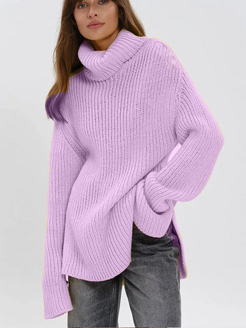 Моден плетен дамски пуловер с висока яка и елегантен свободен дамски пуловер с дълъг ръкав 2023 Есен Зима Ежедневно дамско горнище