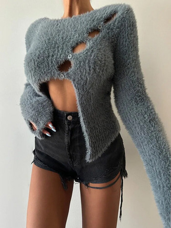 Моден плътен кльощав пуловер за жени Секси неправилен изрязан дамски пуловер с кухи пуловери с дълъг ръкав