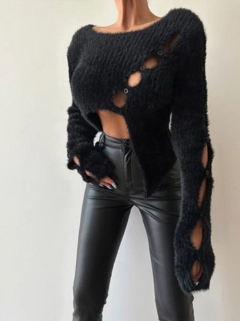 Μόδα στιβαρό κοκαλιάρικο πουλόβερ για γυναίκες Σέξι ακανόνιστο γυναικείο πουλόβερ με μακρυμάνικο πλεκτό πουλόβερ High Street Hollow