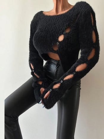 Μόδα στιβαρό κοκαλιάρικο πουλόβερ για γυναίκες Σέξι ακανόνιστο γυναικείο πουλόβερ με μακρυμάνικο πλεκτό πουλόβερ High Street Hollow