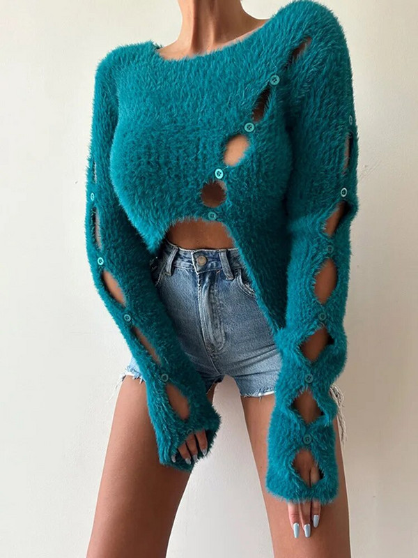 Μόδα στιβαρό κοκαλιάρικο πουλόβερ για γυναίκες Σέξι ακανόνιστο γυναικείο πουλόβερ με μακρυμάνικο πλεκτό πουλόβερ High Street Hollow