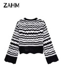 Sieviešu svītrains apaļkakla džemperis, 2023. gada pavasara rudens modes, dobs, īss tops, seksīgs īss, pilnībā atbilstošs sieviešu krekls ar paneļiem