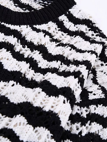 Дамски пуловер на райета с кръгло деколте, нов пуловер за 2023 г. Пролет Есен Модна куха къса горна част Секси къса универсална женска плетена риза с панели