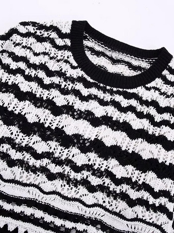 Дамски пуловер на райета с кръгло деколте, нов пуловер за 2023 г. Пролет Есен Модна куха къса горна част Секси къса универсална женска плетена риза с панели