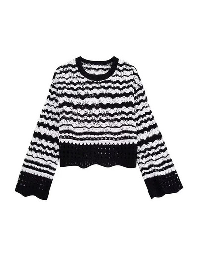 Sieviešu svītrains apaļkakla džemperis, 2023. gada pavasara rudens modes, dobs, īss tops, seksīgs īss, pilnībā atbilstošs sieviešu krekls ar paneļiem