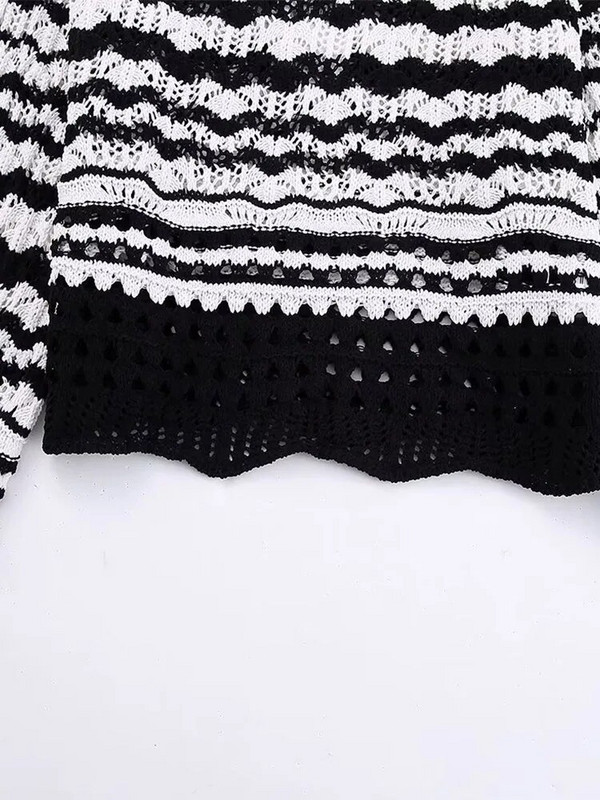 Sieviešu svītrains apaļkakla džemperis, 2023. gada pavasara rudens modes, dobs, īss tops, seksīgs īss, pilnībā atbilstošs sieviešu krekls ar paneļiem