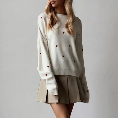 Ikdienas apdrukas trikotāžas mīlestība sieviešu džemperis High Street garām piedurknēm, vaļīgs sieviešu džemperis 2023. gada rudens ziemas modes sieviešu topi ar O veida kakla izgriezumu