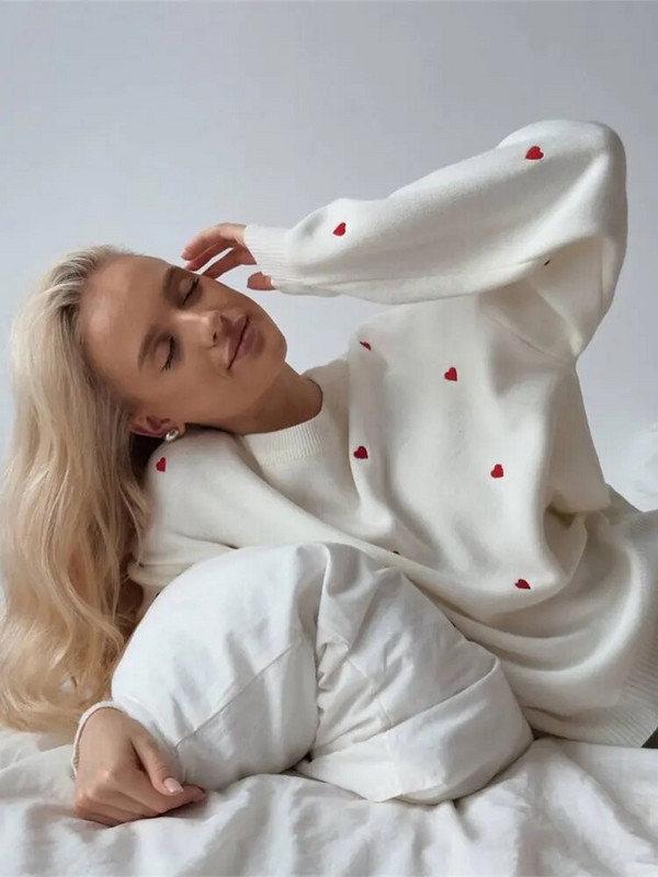 Ikdienas apdrukas trikotāžas mīlestība sieviešu džemperis High Street garām piedurknēm, vaļīgs sieviešu džemperis 2023. gada rudens ziemas modes sieviešu topi ar O veida kakla izgriezumu