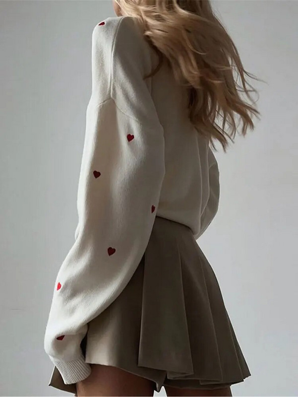 Ikdienas apdrukas trikotāžas mīlestība sieviešu džemperis High Street garām piedurknēm, vaļīgs sieviešu džemperis 2023. gada rudens ziemas modes sieviešu topi ar O veida kakla izgriezumu