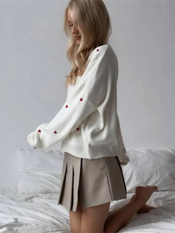 Ikdienas apdrukas trikotāžas mīlestība sieviešu džemperis High Street garām piedurknēm, vaļīgs sieviešu džemperis 2023. gada rudens ziemas modes sieviešu topi ar O veida kakla izgriezumu