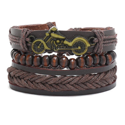 Vintage bőr karkötő Férfi többszörös szövött karkötő barna fagyöngyökkel, mint díszítő kiegészítők, húzózsinóros karkötő